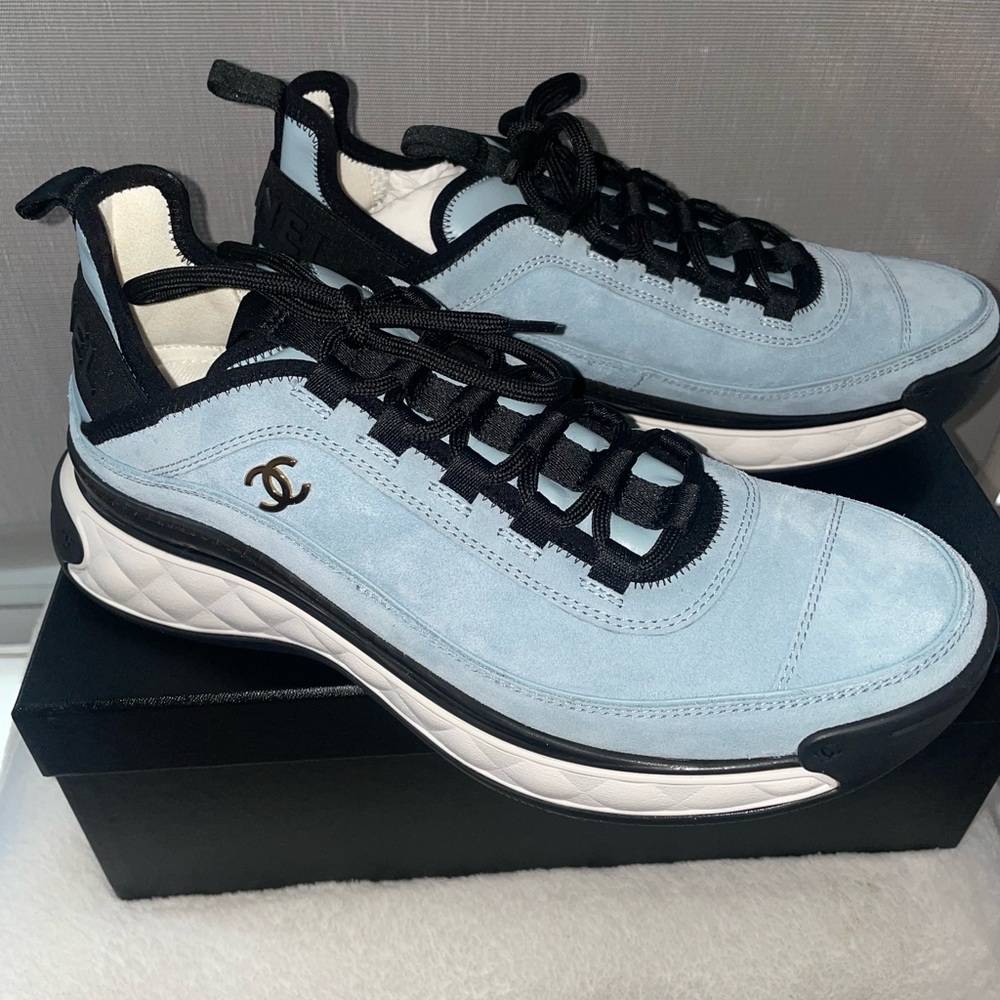 AUTHENTIC CHANEL Brand new Suede Calfskin light blue Sneaker.